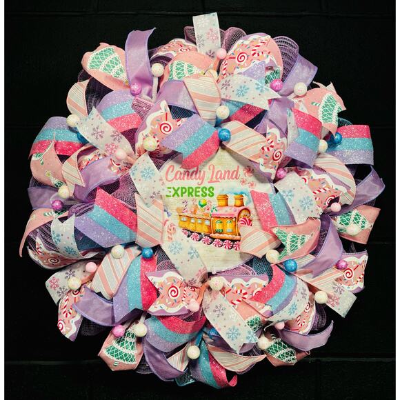 Christmas Candy Wreath, Pastel Pink Blue Purple Door Decor Handmade 22 In - Picture 1 of 6